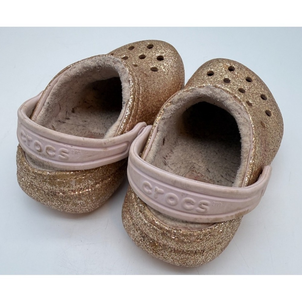 Crocs Classic Lined Clogs Gold Glitter Pink Cozy Fuzzy Toddler | Girl's Size 6 - Picture 2 of 12